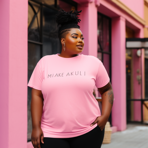 Black plus size model wearing pink cotton tshirt mockup