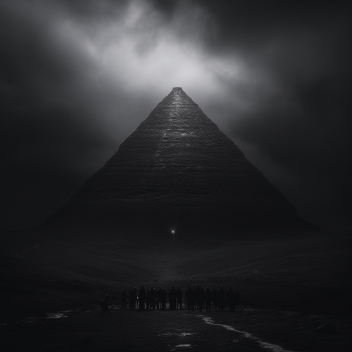 Biblical climbers ascending the black pyramid