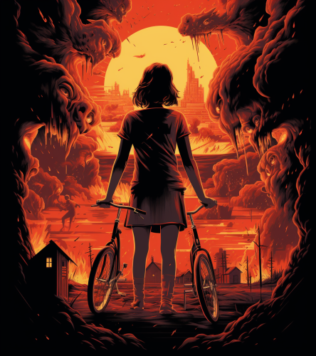 Illustration of woman holding a bicycle in a black and red shirt Illustration of woman holding a bicycle in a black and red shirt