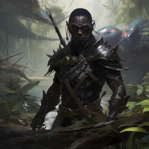 Dragonhumanoid ranger wields crossbow in swamp surrounded by dragonfly