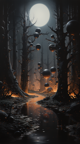 Black squid figures huddled by dark water