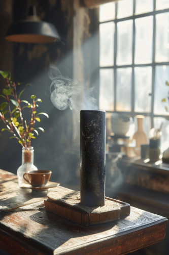 Black stone cylinder on wooden tray in cafe Black stone cylinder on wooden tray in cafe