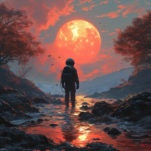 Person in black suit standing before the red moon