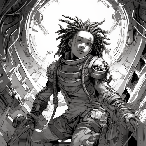 Black teenager wearing Viking armour inside spaceship