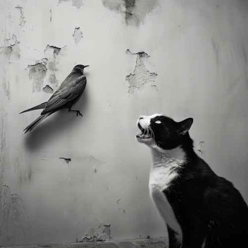 Black and white cave painting of cat eating bird Black and white cave painting of cat eating bird