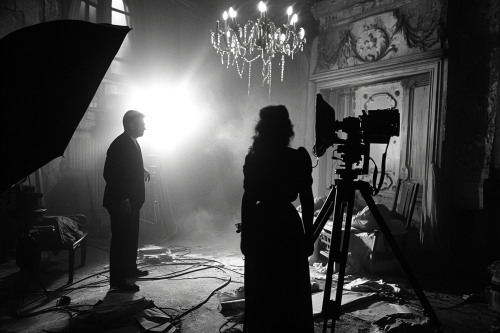 Black and white grainy 1970s horror movie set