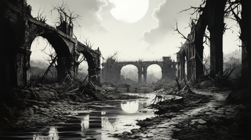 Black and white ink drawing of an industrial wasteland