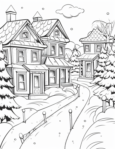 Cartoonish black and white Christmas scene