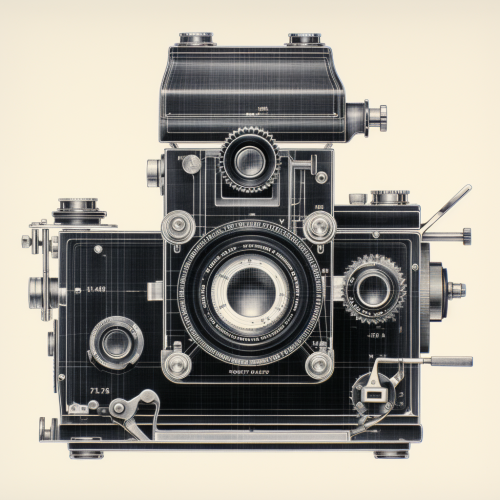 Black and white minimalist dry plate camera blueprint