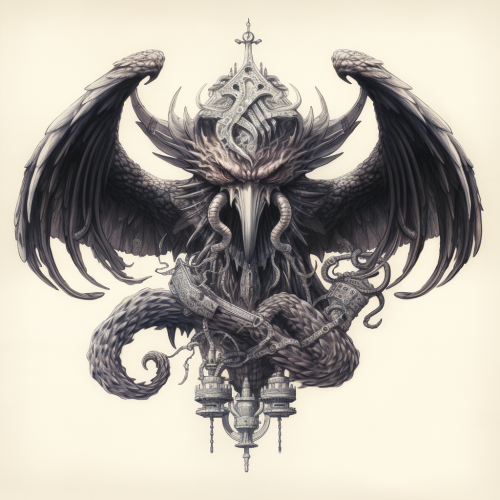 Black and white sketch of octopus with eagle's body