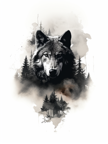 Artistic black and white wolf in forest