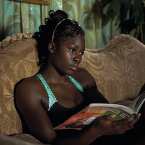 Black woman athlete reading magazine on sofa