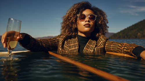 Beautiful black woman enjoying the lake on a raft
