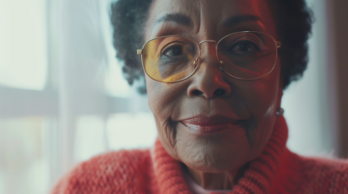 Black woman in red sweater smiling