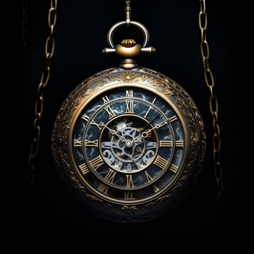 Pocket watch on thin strap against black background