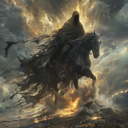 Cloaked Figure Riding Black Horse