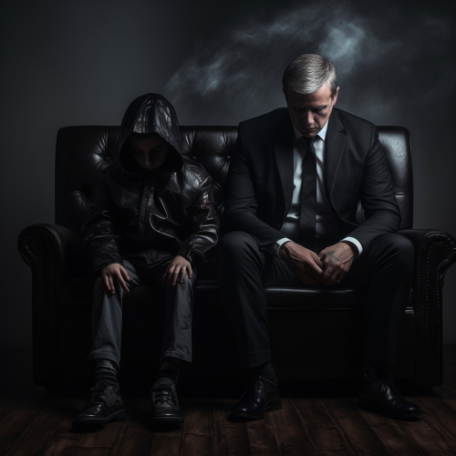 Depressed boy with hood sitting on sofa