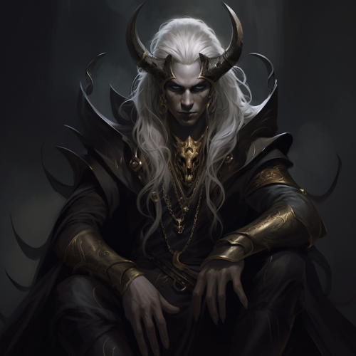Noble tiefling with silver hair and adorned horns