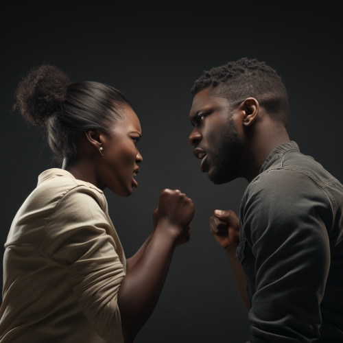Two black people engaged in a heated slap fight