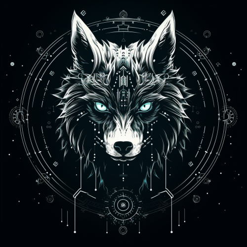 Black and white angry skull with wolf and circles