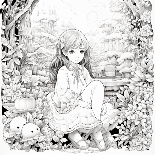 Tranquil garden scene with young heroine and blooming flowers