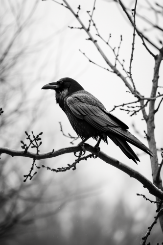 Black and white raven sitting on tree branch