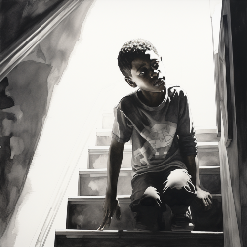 Black boy crying under stairwell