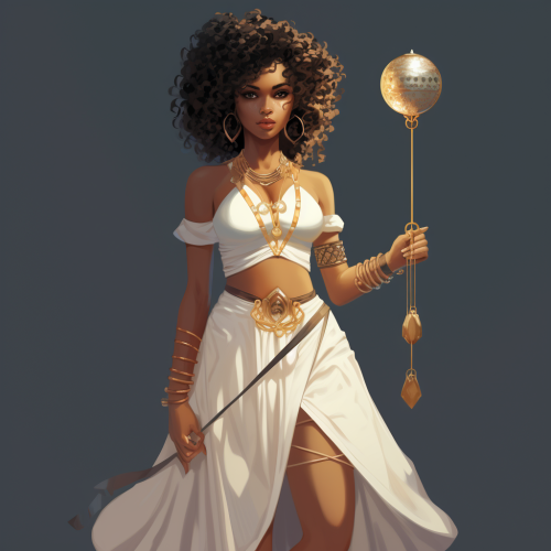 Black woman in white dress with small dagger