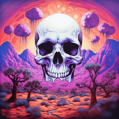 Retro skull painting in front of Joshua trees