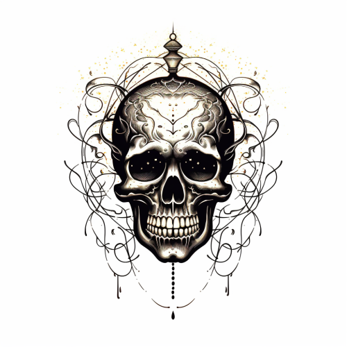 Artistic blackwork-style floating skull with voodoo ornaments and glow