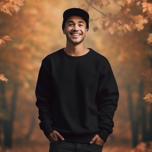 Young man wearing blank black crewneck sweatshirt