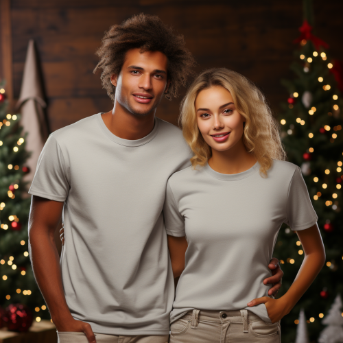 Male and Female wearing Gray T-Shirt with Christmas Theme