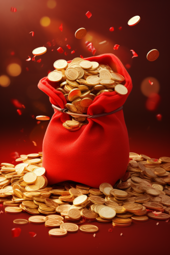 Chinese Style Blessing Bag overflowing with Gold Coins