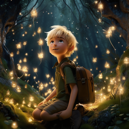 Smiling blond-haired boy in a forest with fairies and fireflies