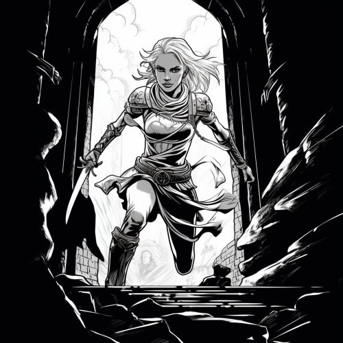 Smiling blonde female elven warrior with sword running