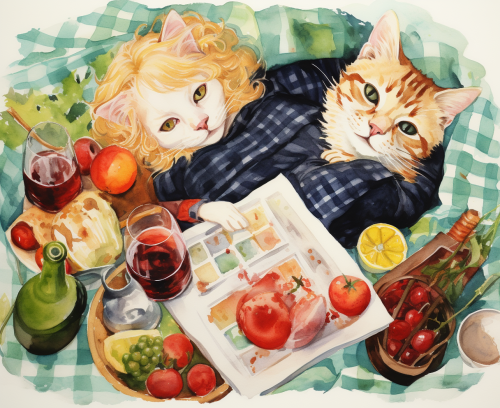 Watercolor painting of blonde French girl on picnic