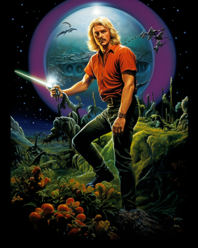 Blonde man with weapon and UFO