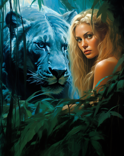 Blonde woman with jaguar in jungle