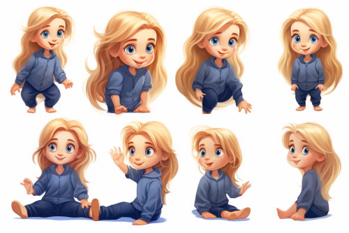 Blonde character standing and lying down, with mischievous expression Blonde character standing and lying down, with mischievous expression