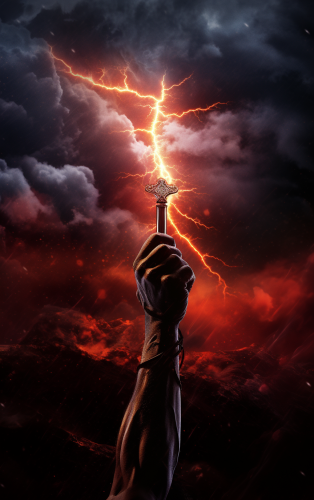 Man raising bloodstained sword to the sky