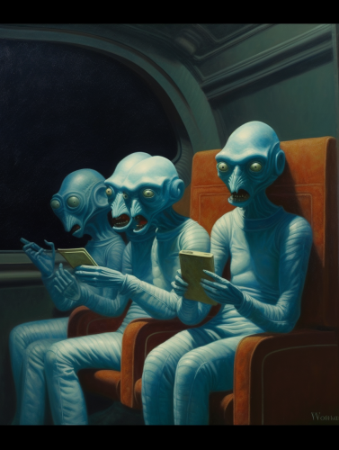 Group of blue aliens enjoying popcorn in a spaceship