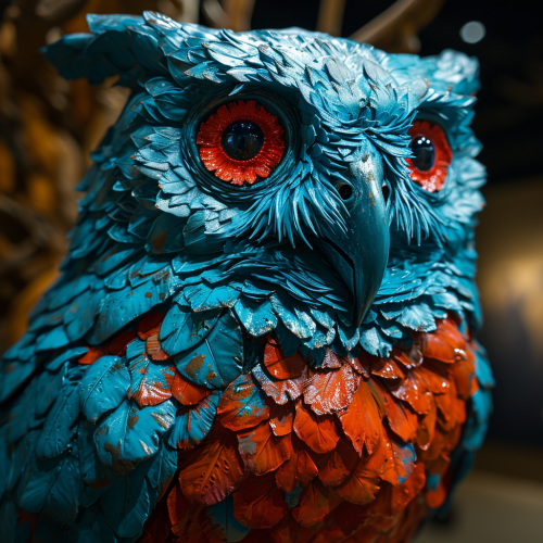 Blue and red owl sculptures art exhibition Blue and red owl sculptures art exhibition