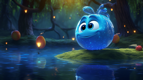 Blue apple character reflecting by sparkling pond