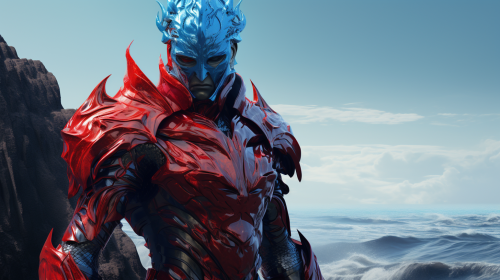 Young warrior in blue armor overlooking the dark evil island