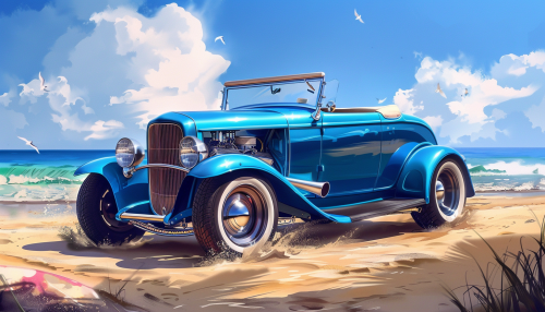 Blue Ford Roadster on Beach