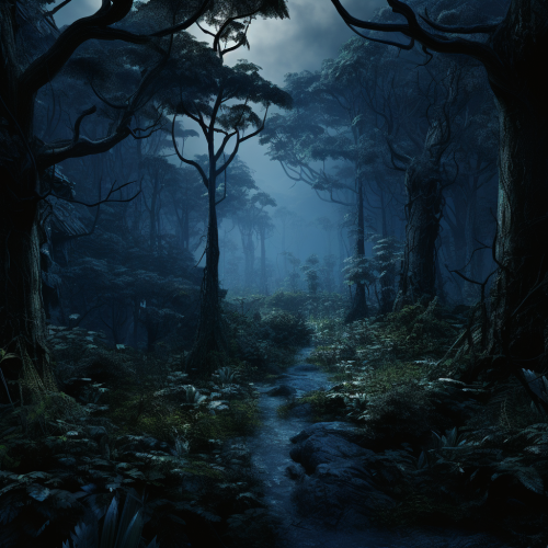 Ultrarealistic Blue Forest with Long Thin Trees