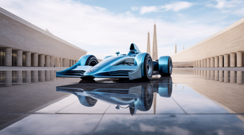 Blue Formula One Racing Car in Front of White Marble Building
