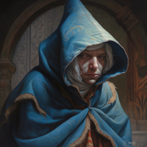 Young blue gnome with medieval traveling robes and cloak Young blue gnome with medieval traveling robes and cloak
