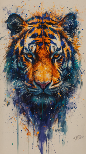 Blue Green Tiger Whimsical Watercolors