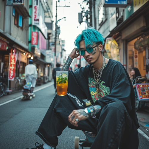 Blue Haired Man Skateboarding Japanese Street